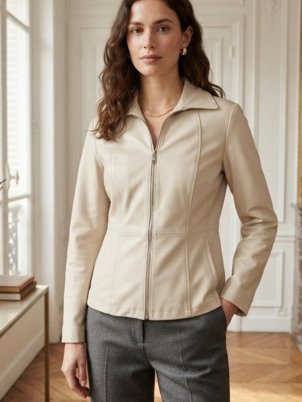 Excelled Women's Cream Zip-Front  Leather Jacket Size Small